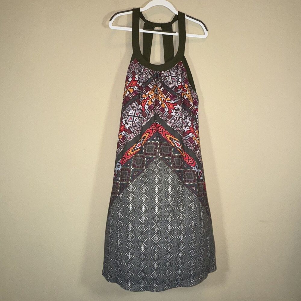 Prana Cantine Dress Medium Athletic Halter Strap Built in Bra Green Aztec